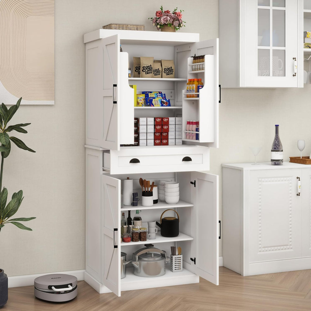 72" Farmhouse Storage Cabinet,Tall Kitchen Pantry Cabinet with 4 Barn Do...
