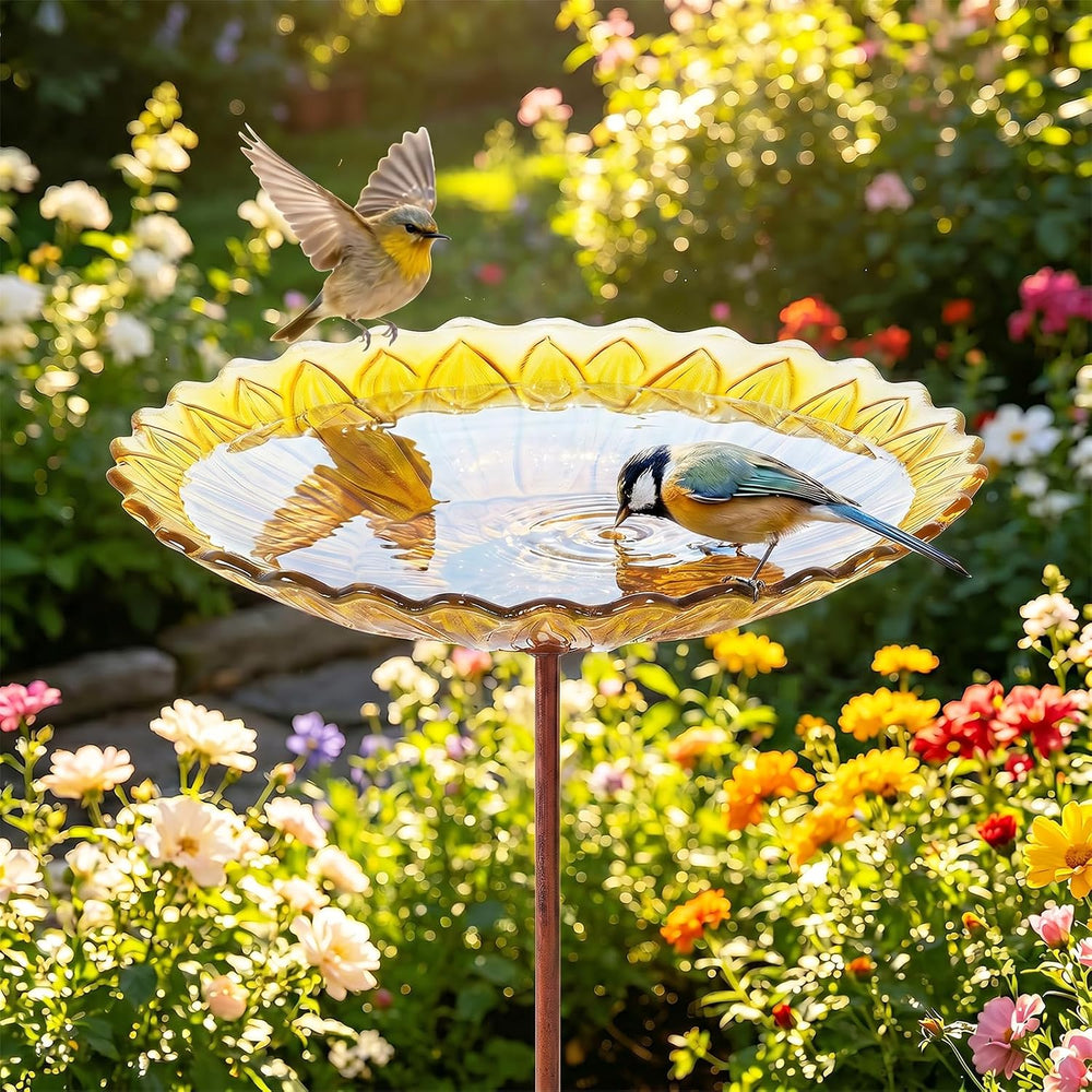 MUMTOP Glass Bird Bath, Garden Outdoor Birdfeeder with Metal Stake, Yellow