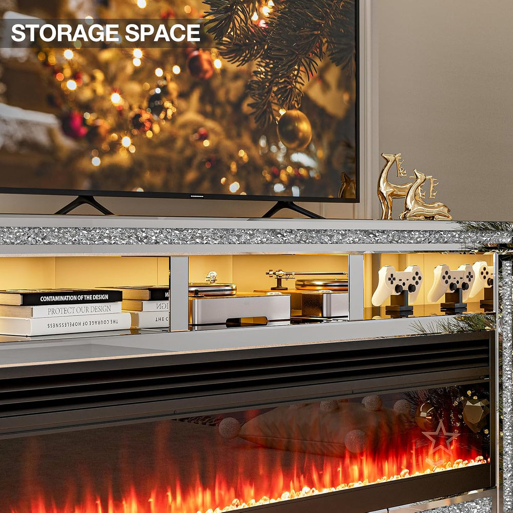 IKIFLY Mirrored Fireplace TV Stand for 65+ inch TV, Silver TV Console Table w...