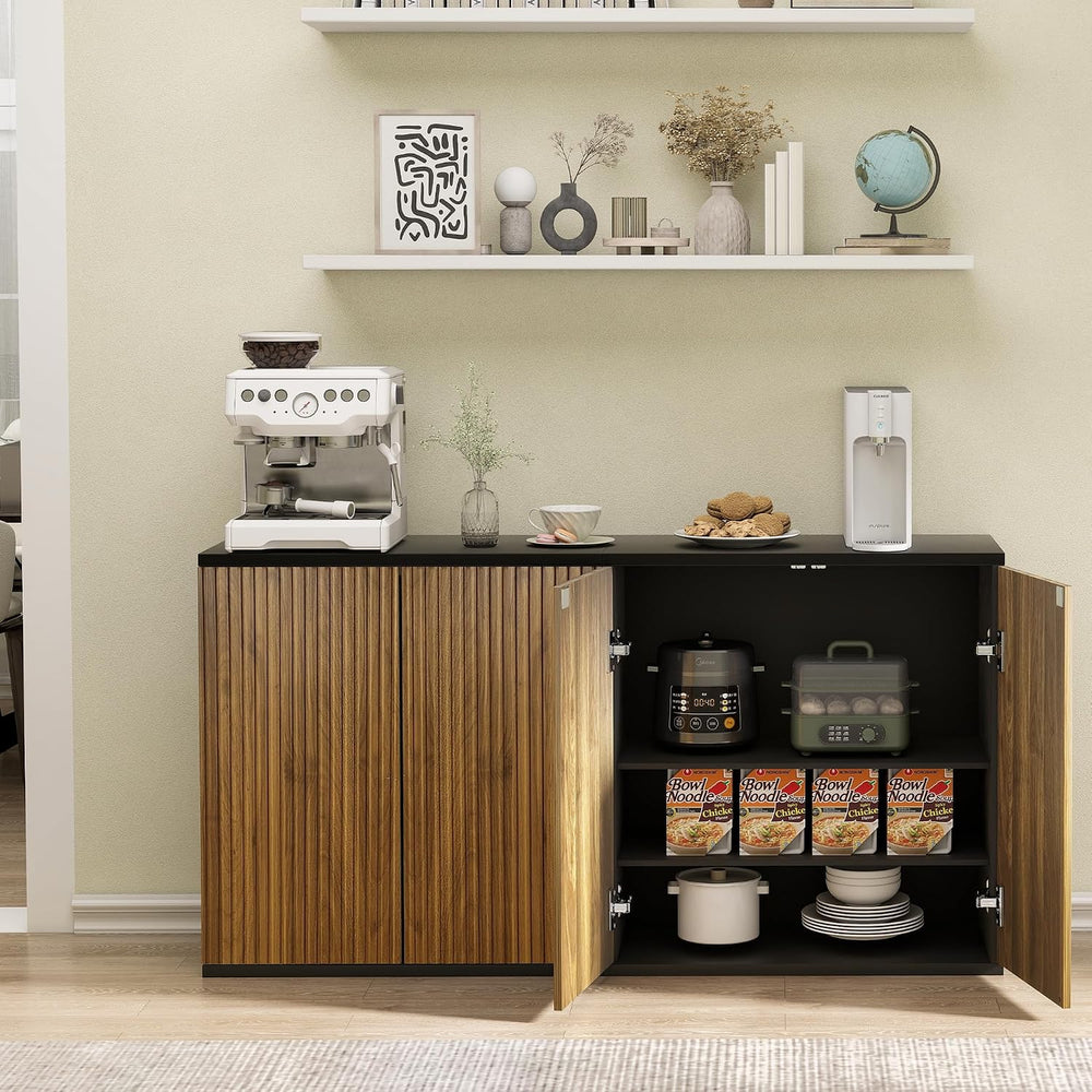 Buffet Cabinet with Storage Walnut Fluted Wooden Accent Sideboard with Pop-Up...