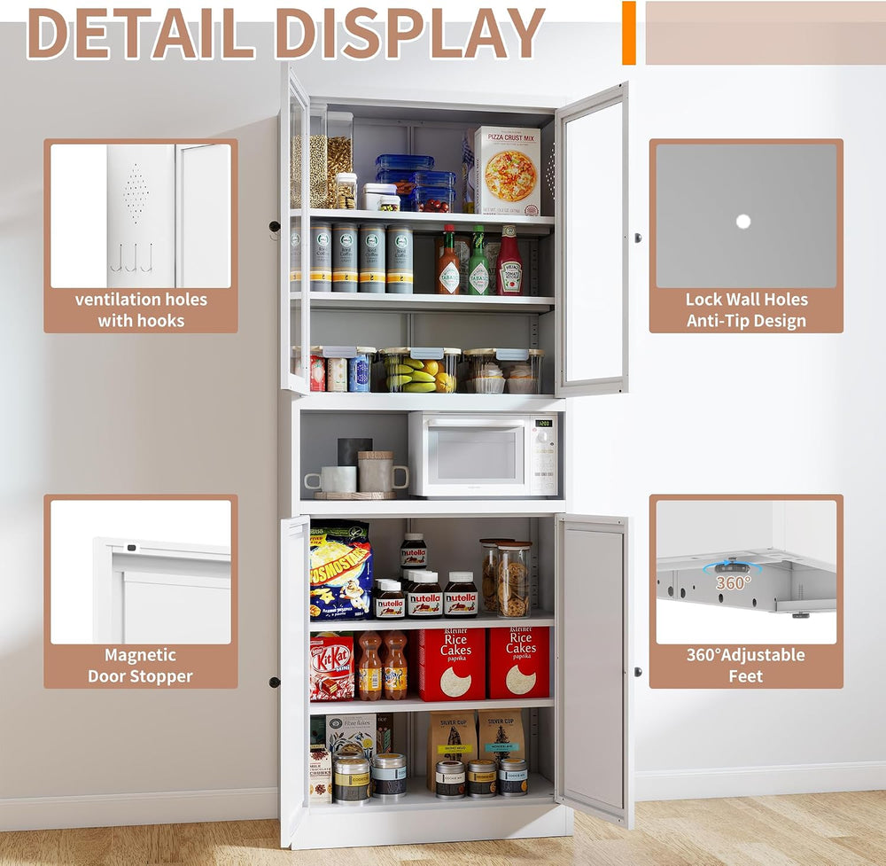 Metal Kitchen Pantry Cabinet - 72" Tall Sideboard Storage Case with Glas...