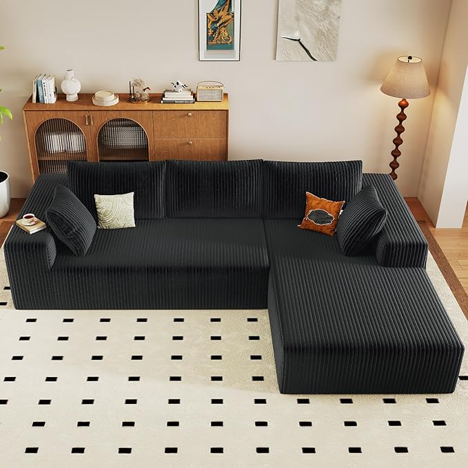 96" Modular Sectional Couch, L Shaped Cloud Sofa with Chaise Lounge, Corduroy Upholstered Couches Memory Foam Deep Seat, No Assembly Required, Ideal for Living Room(Black, Right Facing)