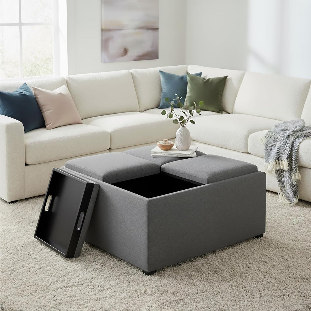 SIMPLIHOME Avalon Wide Contemporary Square Coffee Table Storage Ottoman, Flin...