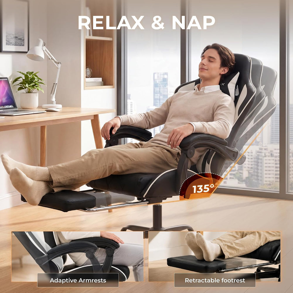 Dowinx Gaming Chair with Footrest, Ergonomic Office Chair, Black White | PU l...