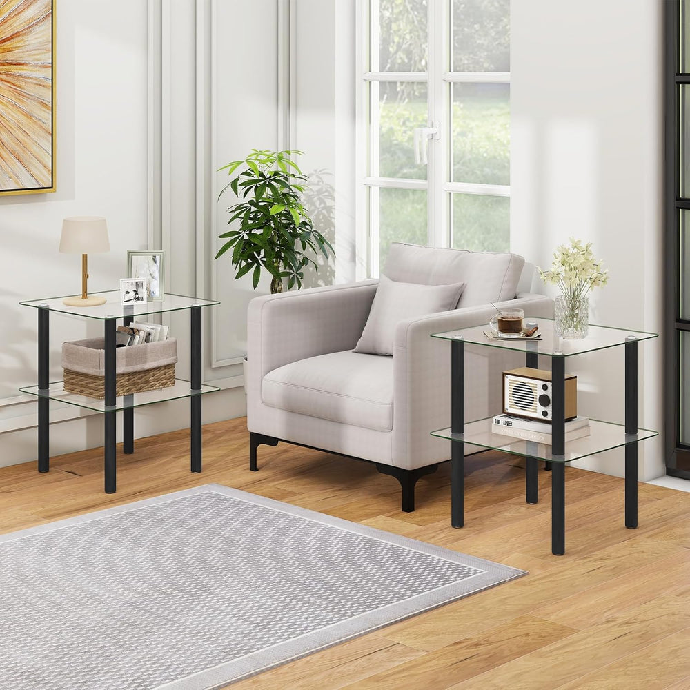 Giantex Square End Table, 2-Tier Sofa Side Table with Clear Tempered Glass To...