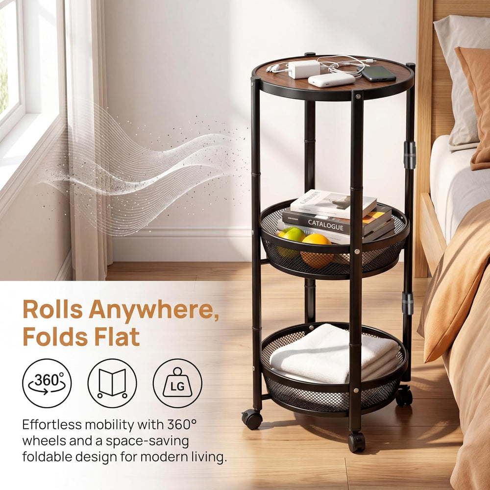 SYO 3-Tier Round Rolling Storage Cart, Foldable Metal Mesh Basket Shelving Un...