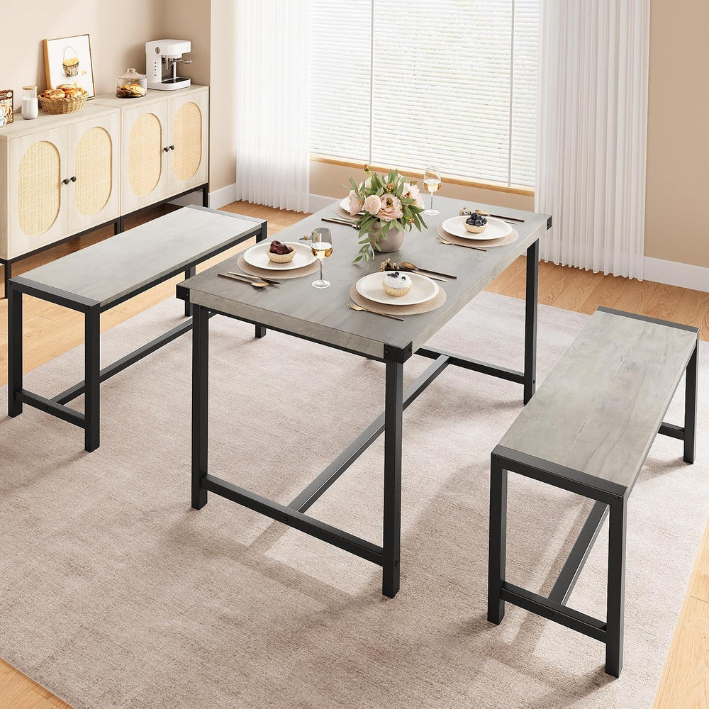 Dining Table Set for 4 with 2 Benches, 3-Piece Kitchen Table Set, Space-Savin...