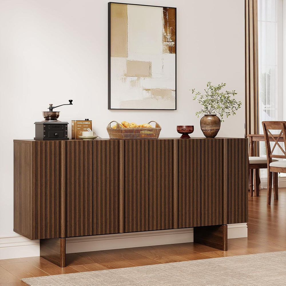 ONBRILL 63" Fluted Sideboard Cabinet with Storage Adjustable Shelves Walnut