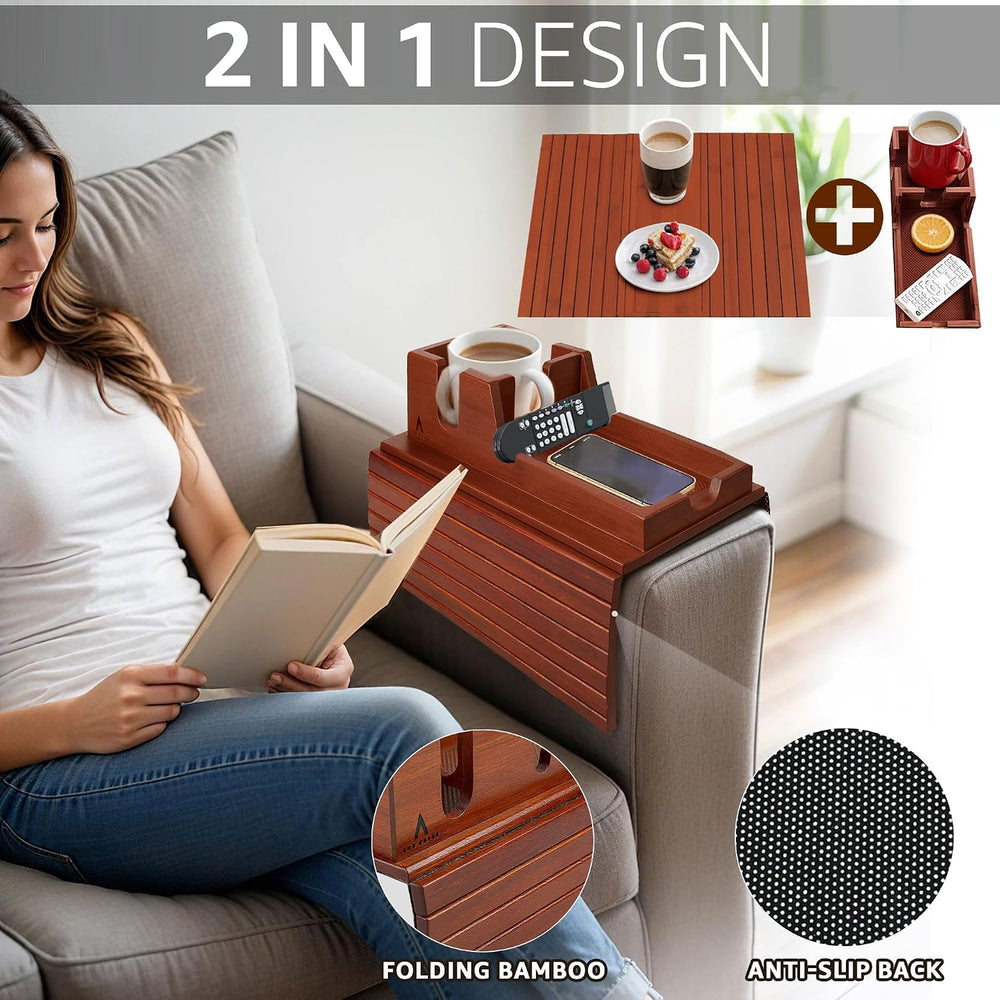 Brown Bamboo Couch Arm Tray with Non-Slip Mats, Slide-Away Upper Tray, Adjust...