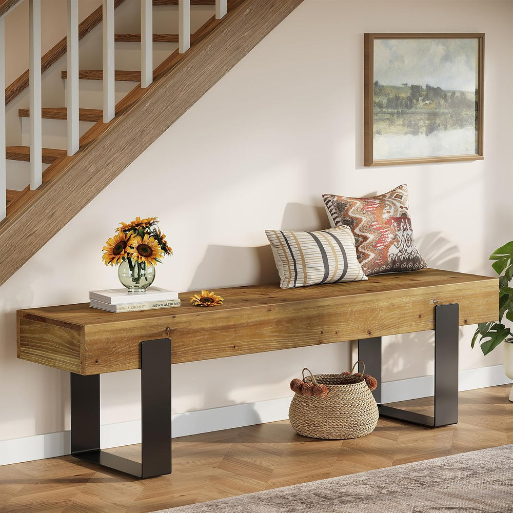 Solid Wooden Entryway Bench, 63" Farmhouse Indoor Shoe Bench with Metal ...