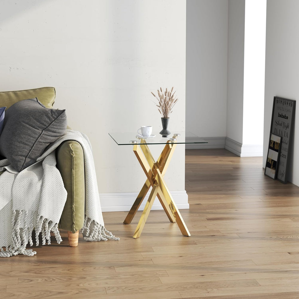 Small Side Table with Chromed Legs, Tempered Glass Square Modern End Table So...