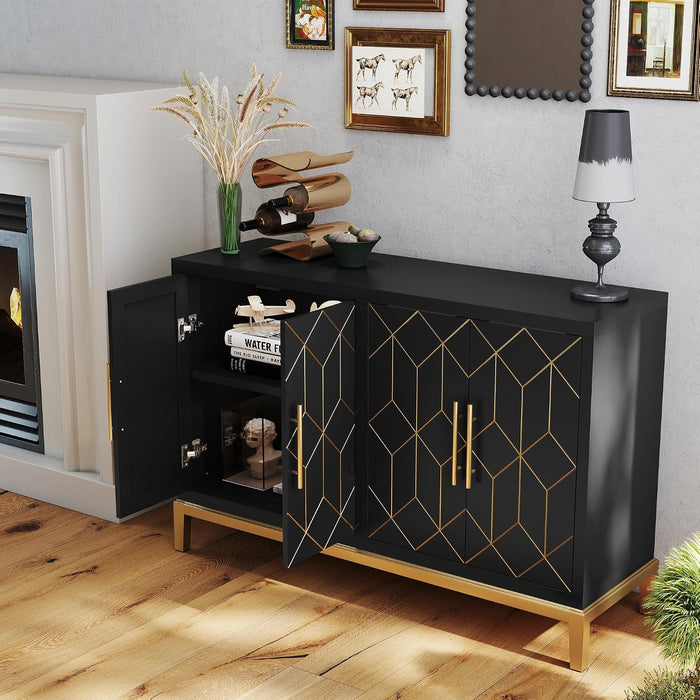 47.8" Storage Accent Cabinet with 4 Doors, Modern Sideboard Buffet Cabinet with Gold Lines, Wood Decorative Credenza with Storage for Living Room, Kitchen, Dining Room, Entryway, Black