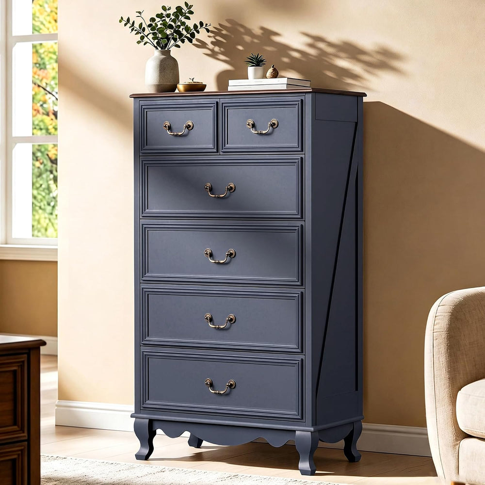 Farmhouse 6 Drawer Dresser, Tall Chest of Drawers Wood Storage Cabinet