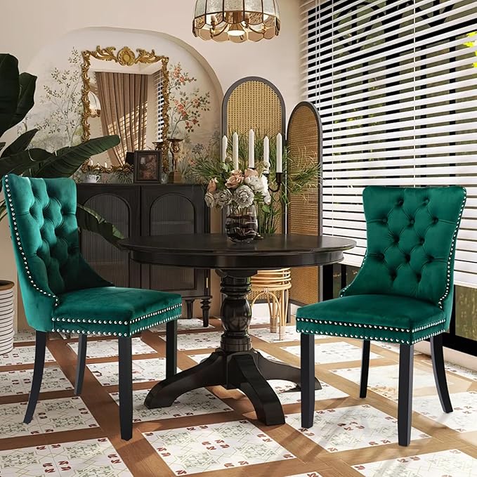 Velvet Upholstered Dining Chairs Set of 2, Modern Style Kitchen Side Chairs w...
