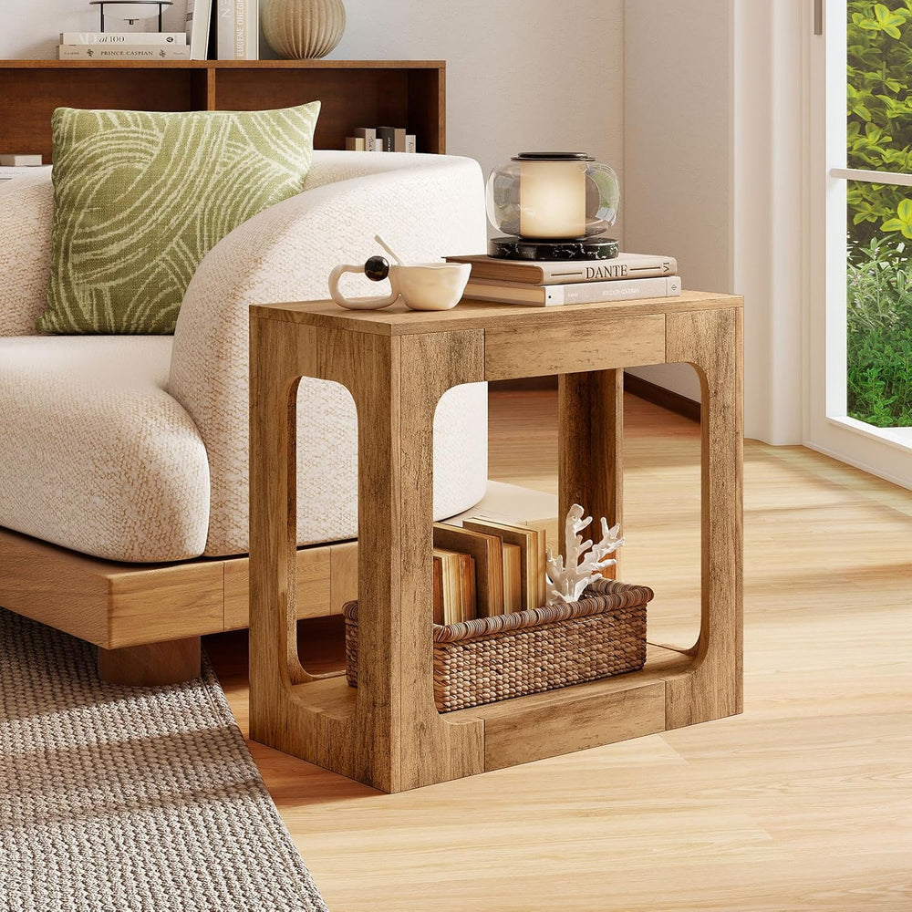 GOFLAME Narrow End Table, Farmhouse Wood Sofa Side Table 2-Tier with Storage ...