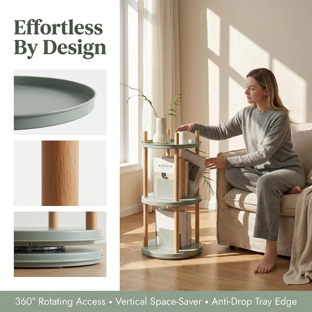 3-Tier Rotating Side Table, Round End Table with Storage Basket & Bookend...