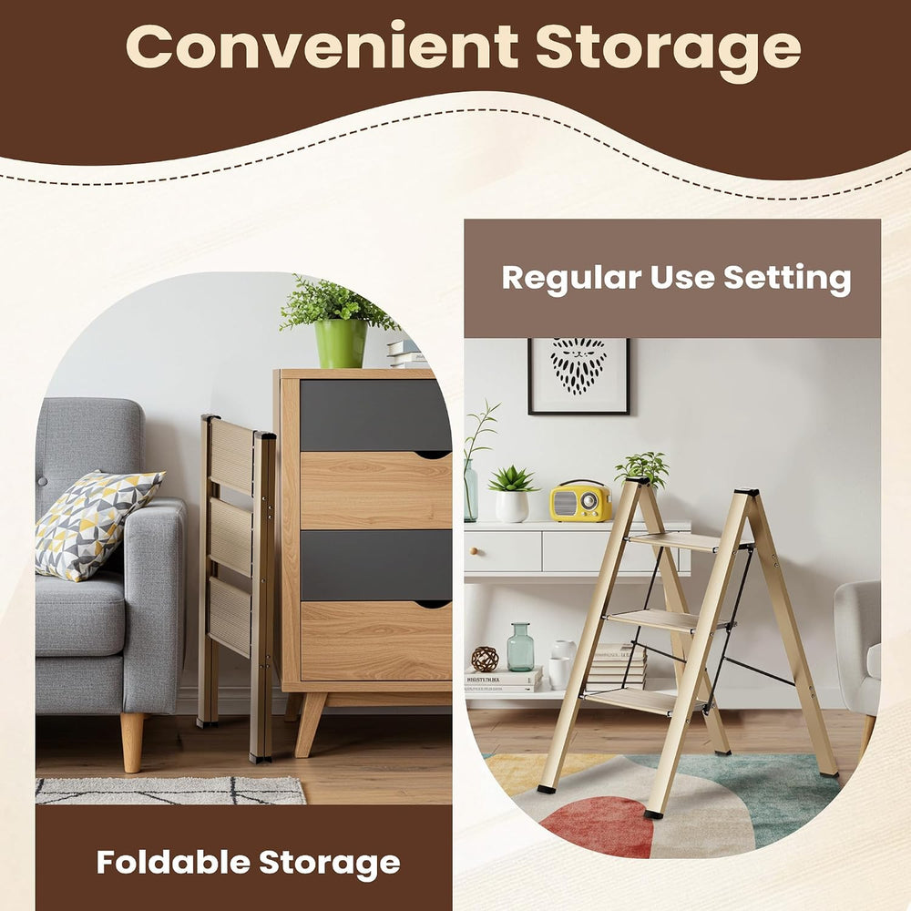 FlyGeneral 3 Step Ladder, Folding Ladder Stool, Gold