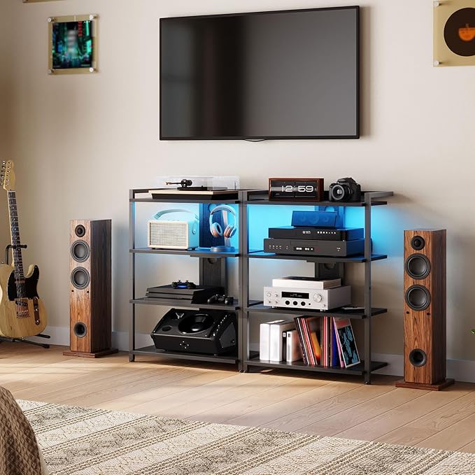 HOOBRO 4-Tier AV Media Stand, Media Console with Charging Station and LED Lig...