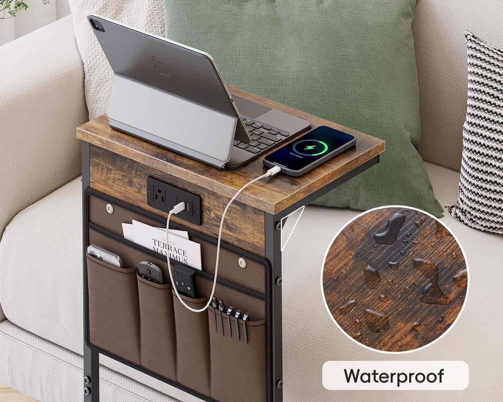 Vagusicc C Shaped End Table with Charging Station, 28" Tall Couch Side T...