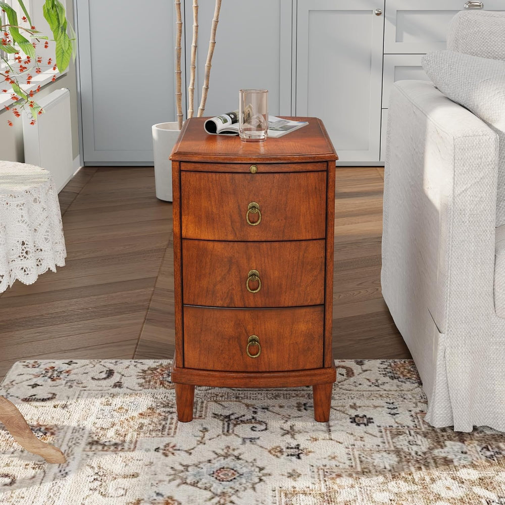 Solid Wood End Table with 3 Drawers, Cherry Red American Style Beside Table w...
