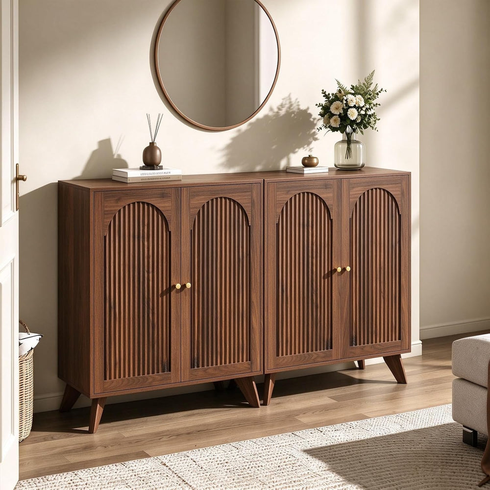 Modern Arched Storage Cabinet 47"W Wood Sideboard Buffet Cabinet Walnut