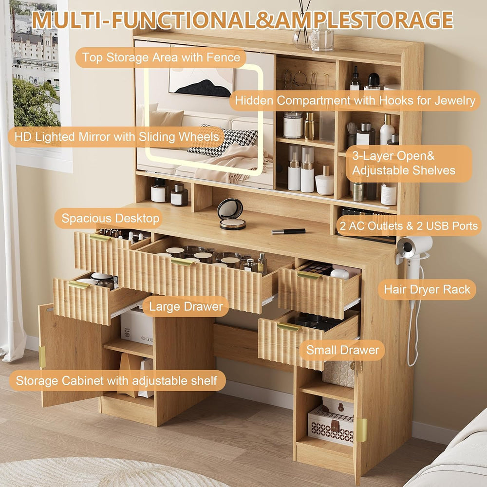 Makeup Vanity Desk with Mirror, Fluted Vanity with 5 Drawers and 2 Cabinets &...