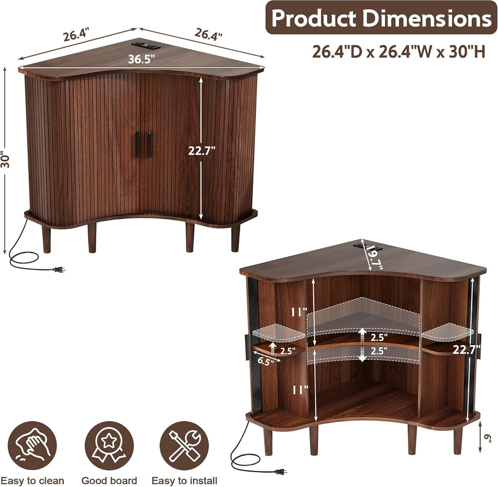 wanan Wood Fluted Corner Cabinet with Built-in Outlets, Triangle Storage Cabi...