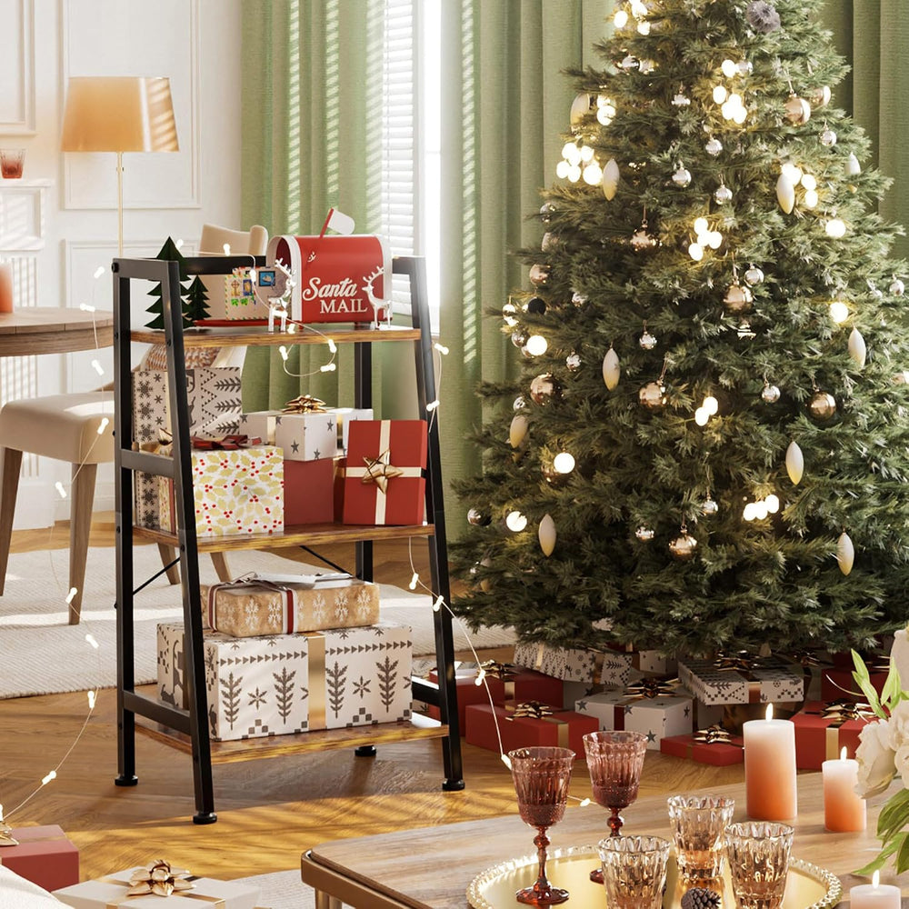 3-Tier Bookshelf, Ladder Shelf, Industrial Bookcase with Steel Frame, Metal S...
