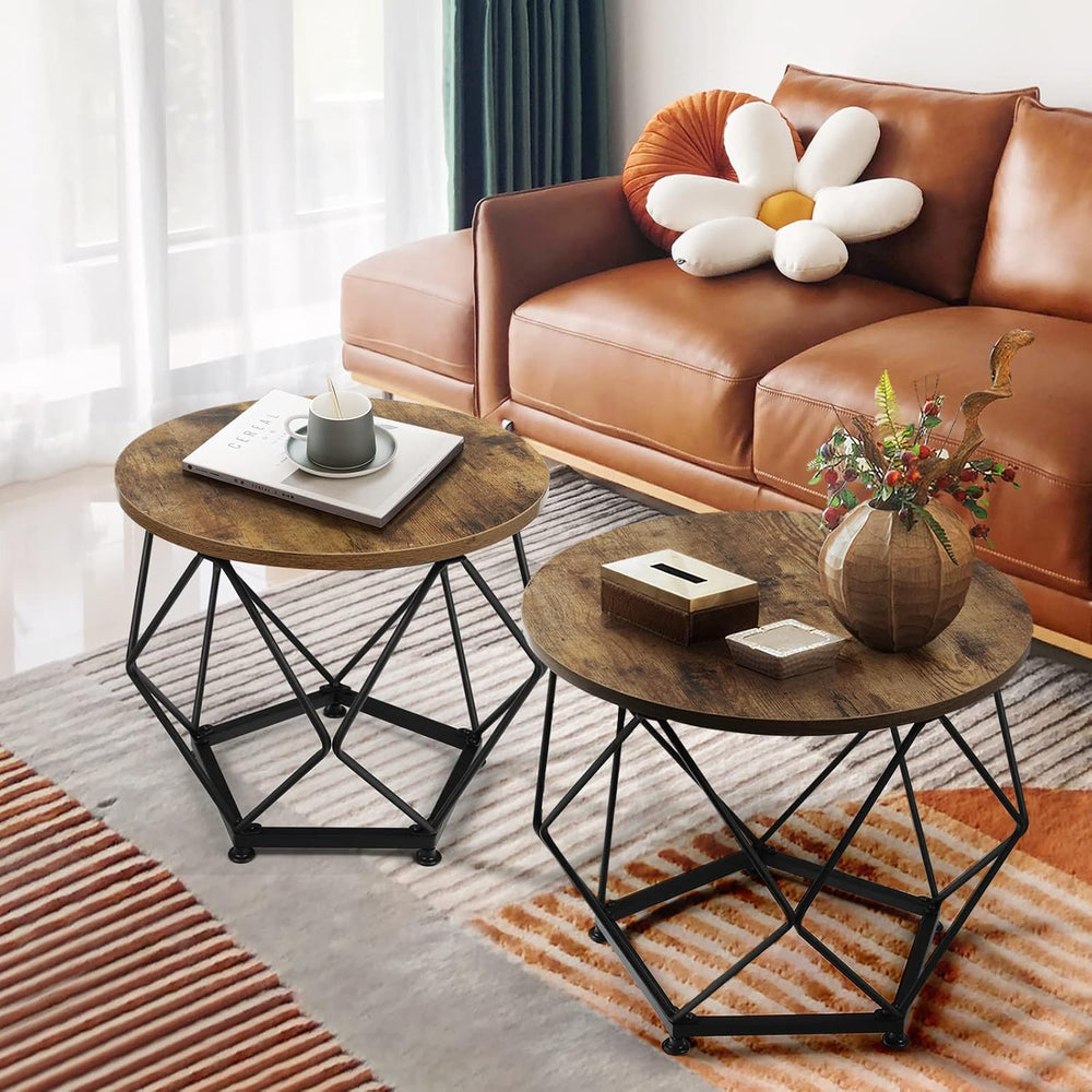 Small Coffee Table, Round End Table Set of 2 with Wooden Table and Metal Fram...