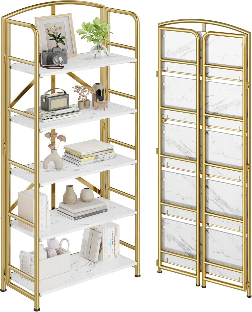 No Assembly,Gold Folding Bookshelf 5 Tiers, Vintage Storage Rack,Brown&Gold