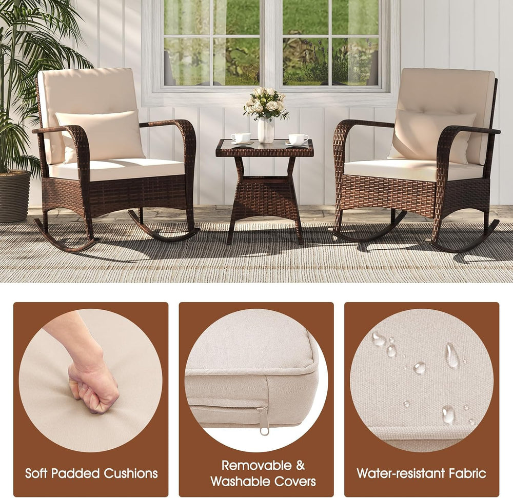 ORALNER 3 Pieces Outdoor Wicker Rocking Chair, Patio Furniture Set (Beige)