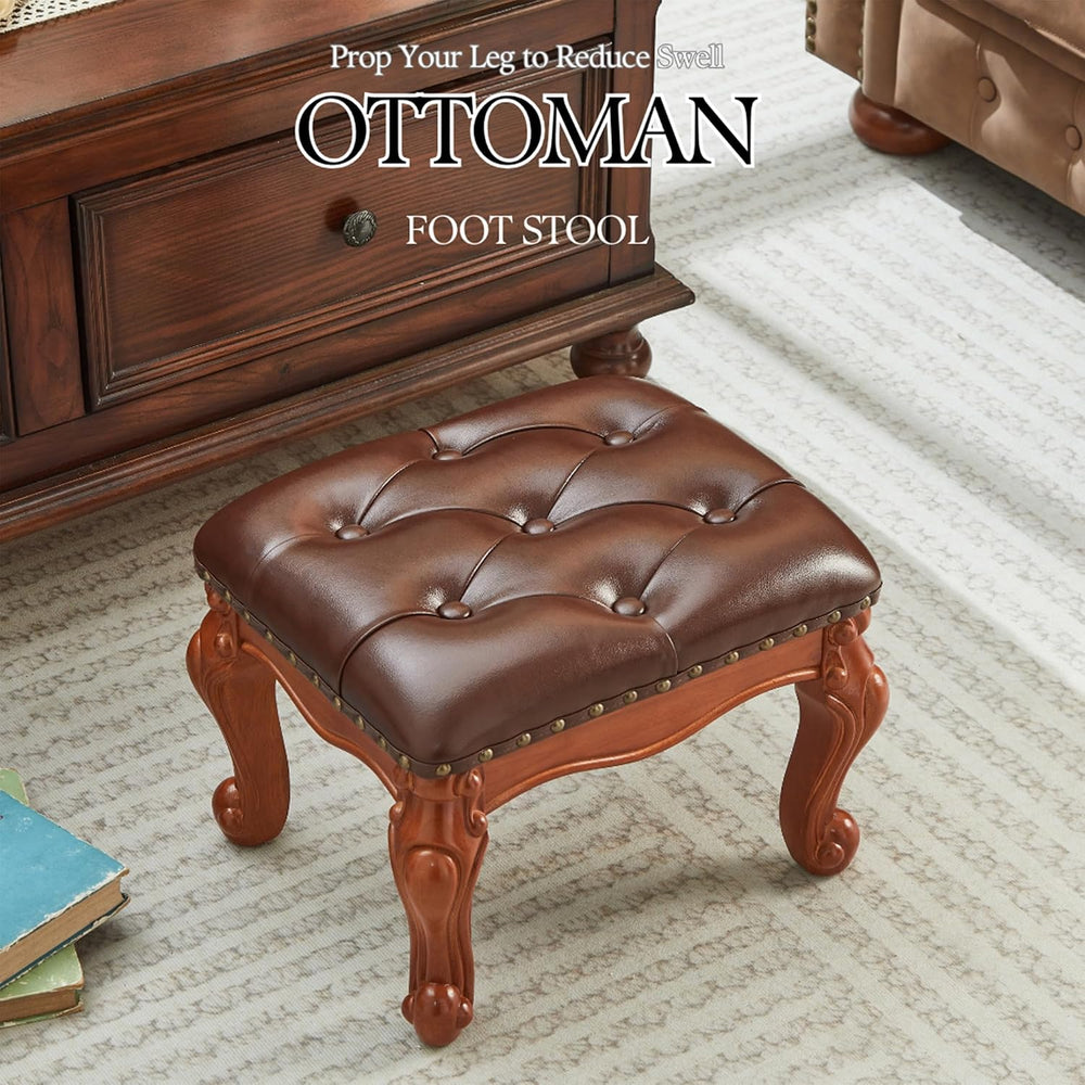 Foot Stools Ottoman, Small Vintage Leather Footstool for Living Room, Solid W...