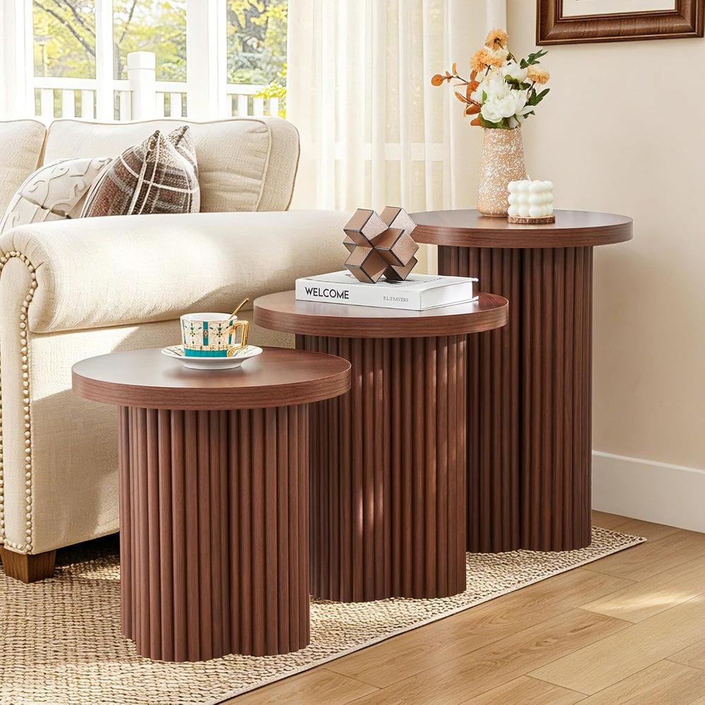Nesting Coffee Table Set of 3, Fluted Round Nesting Tables Mid Century Modern...