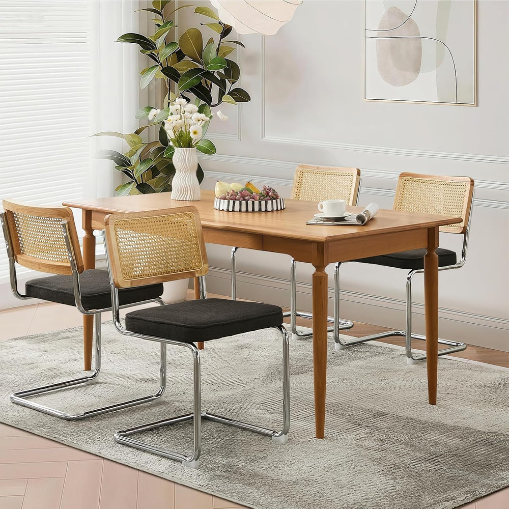 Rattan Back Linen Dining Chair Set of 4 Modern Breuer Designed Stainless Chro...