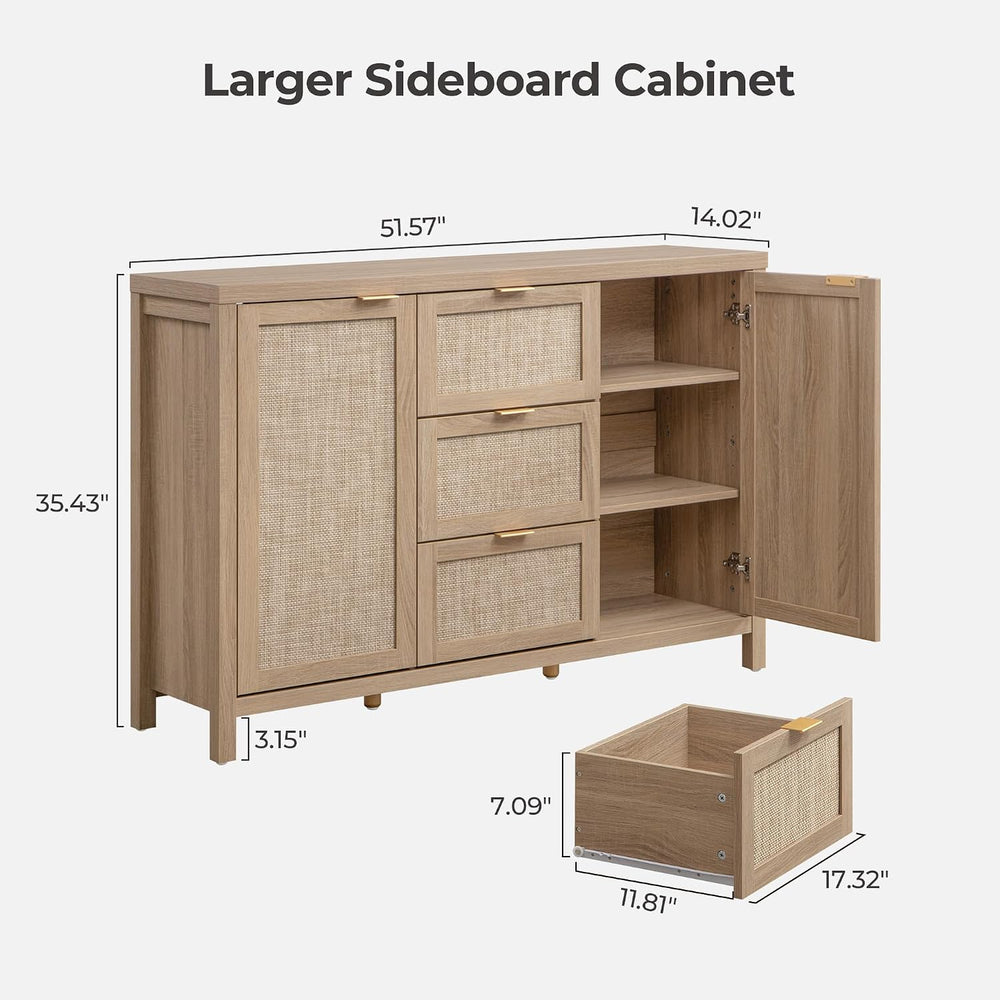 SICOTAS 52 Inch Sideboard Buffet Cabinet with Storage, Rattan Credenza
