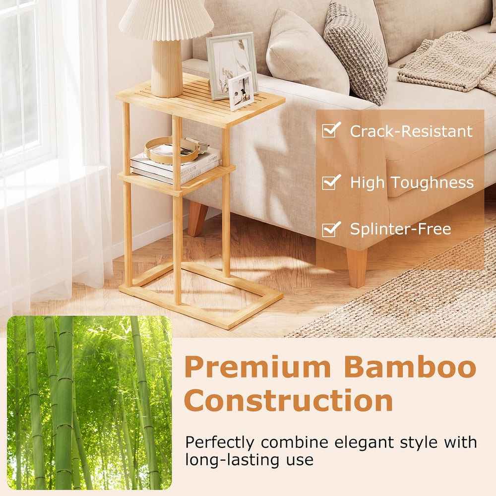 Giantex Bamboo Side Table Set of 2, 3-Tier Narrow End Table with Storage Shel...