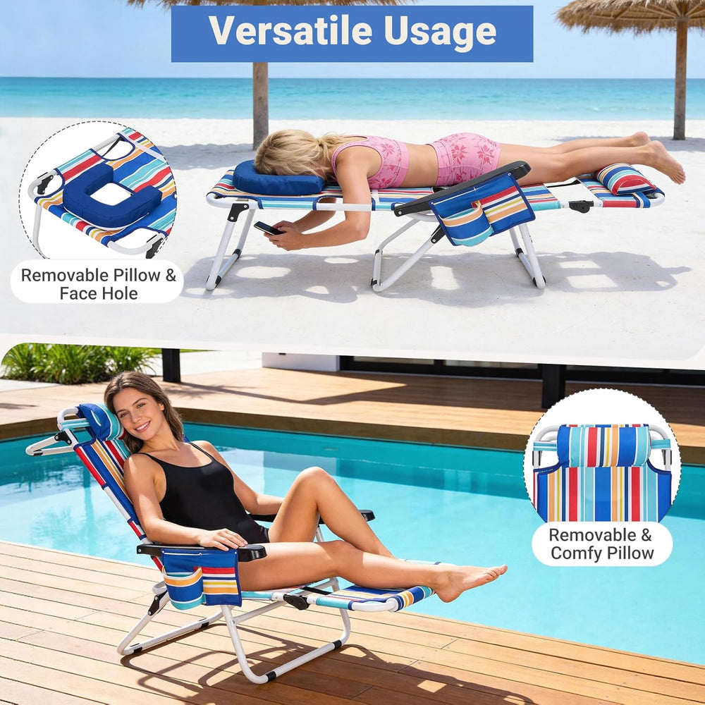 5 Position Folding Beach Chair with Face Hole, Portable Backpack Foldable Lou...