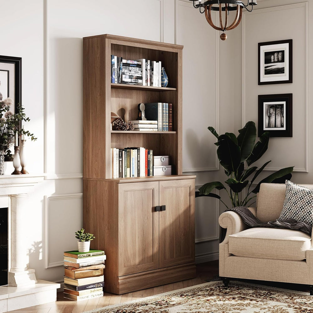 FENSULN 72 in Tall Bookshelf 5 Tier Bookcase with Adjustable Shelves, Oak Boo...