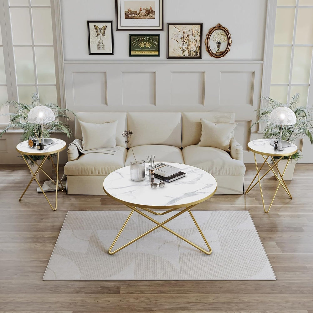 HLR Modern Round Coffee Table and Side Table Set of 3,End Table with Faux Mar...