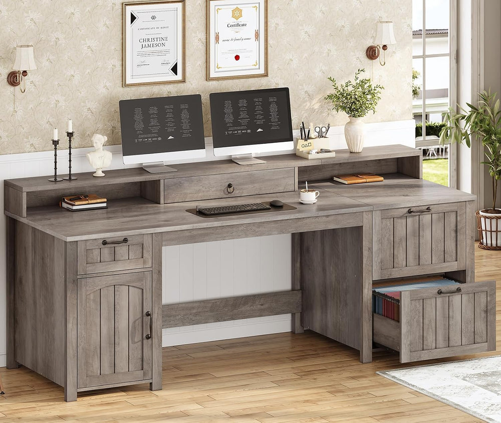 SEDETA 63" Farmhouse Executive Desk with Drawers and Storage Cabinet, Grey