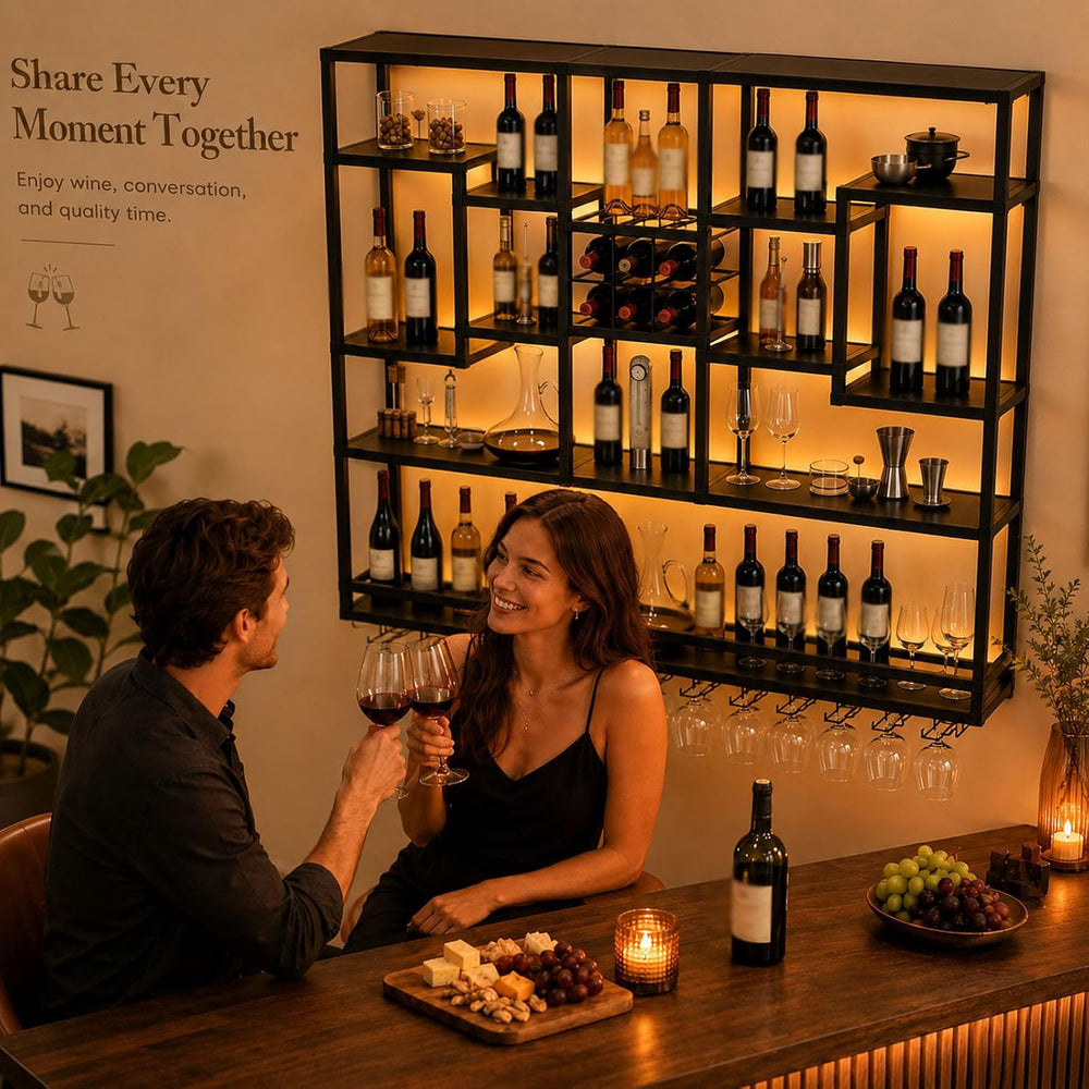 71in LED Wall Mounted Wine Rack with Stemware Holder and Wood Shelves | Combi...