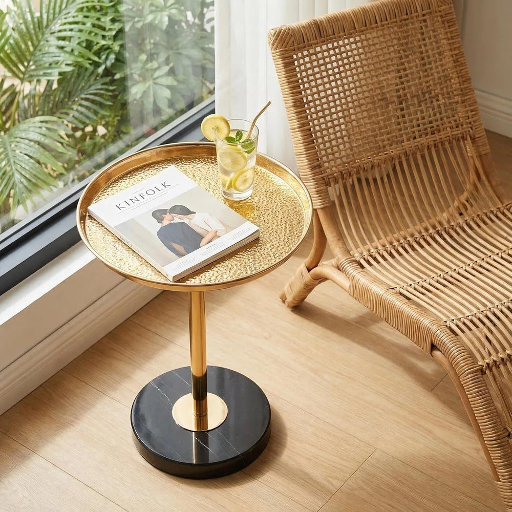 Adjustable Side Table, Small Tea Martini Table, Gold, Natural Marble Decorati...