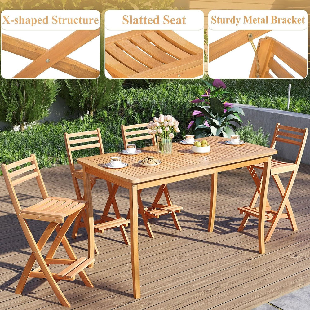 COSTWAY Outdoor Folding Bar Stool, Acacia Wood High Top Chairs with Slatted B...