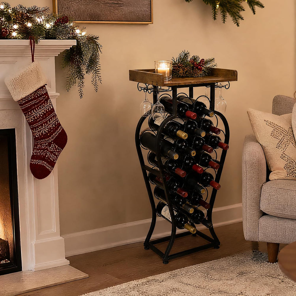 19 Bottles Freestanding Floor Wine Racks with Glass Holder | Wine Bottle Disp...