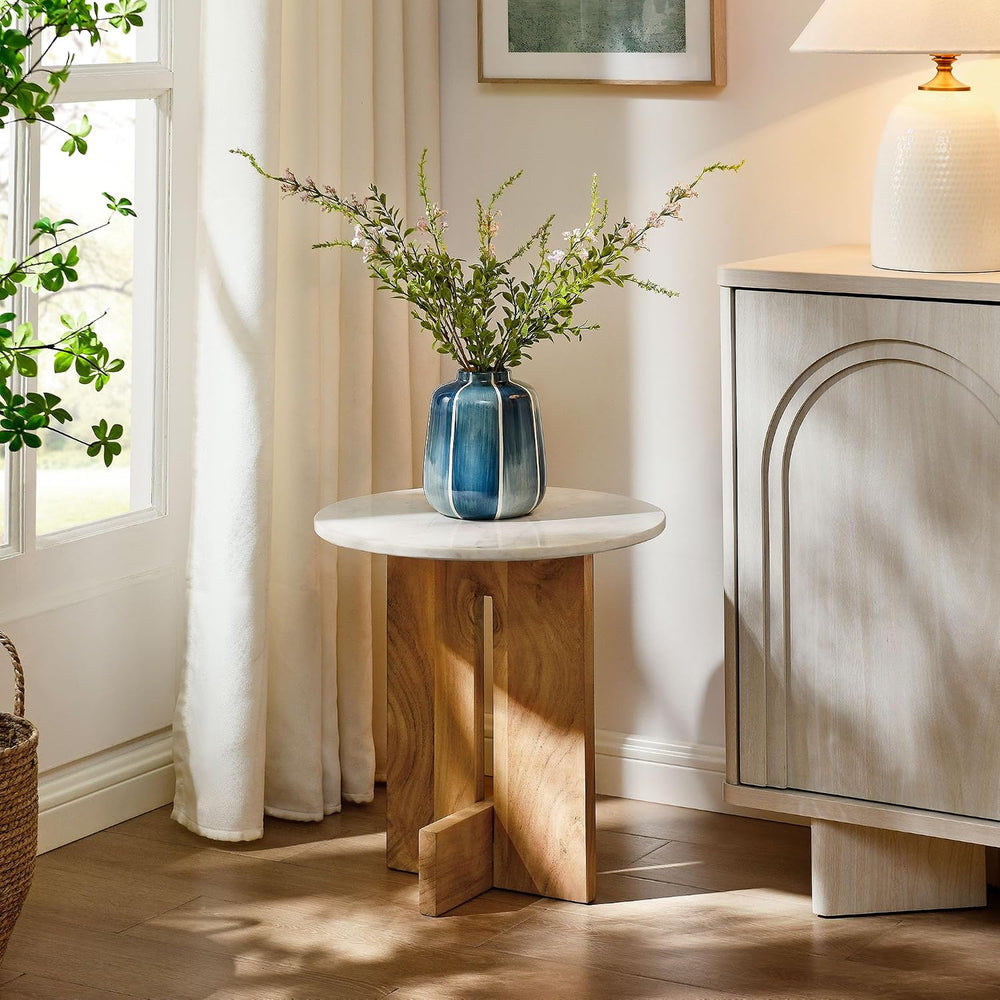 Modway Tarin Marble Top Side Table in Natural - Round Acacia Wood Living Room...