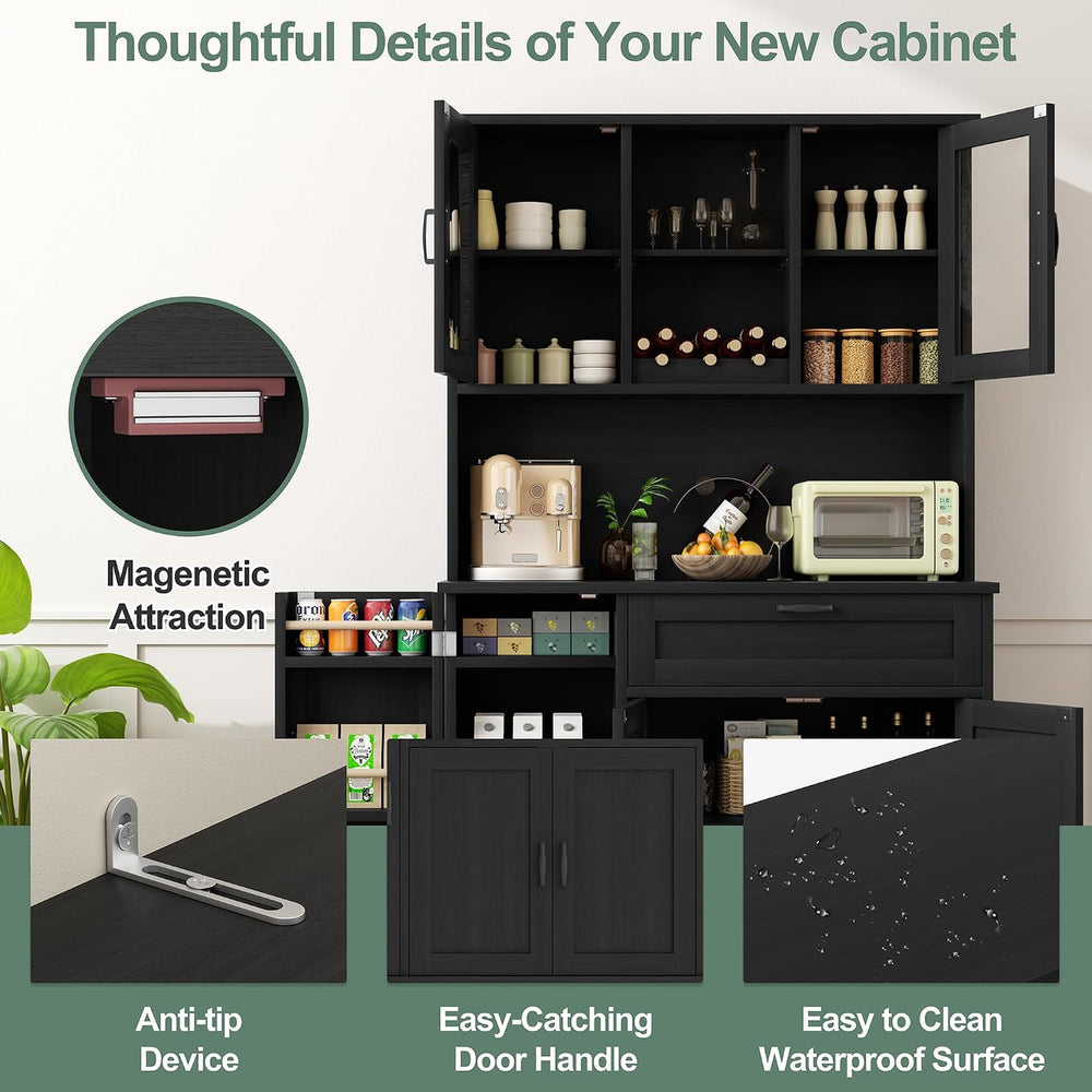 Shintenchi 68" Kitchen Pantry Storage Cabinet, with Microwave Stand, Bla...