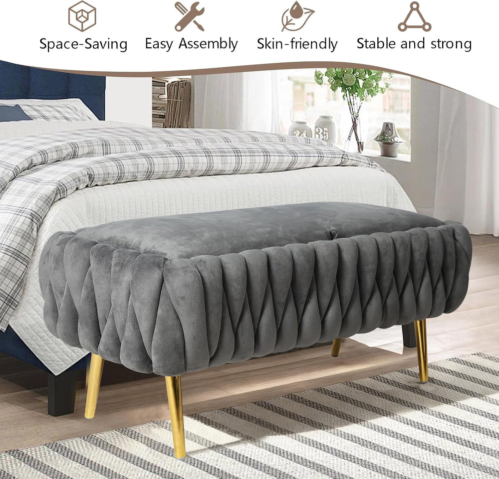 End of Bed Bedroom Storage Bench Upholstered, Hand-Woven Storage Ottoman Benc...
