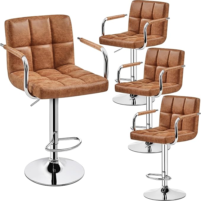 Yaheetech Bart Stools Set of 4, PU Leather Adjustable Barstools with Armrest,...