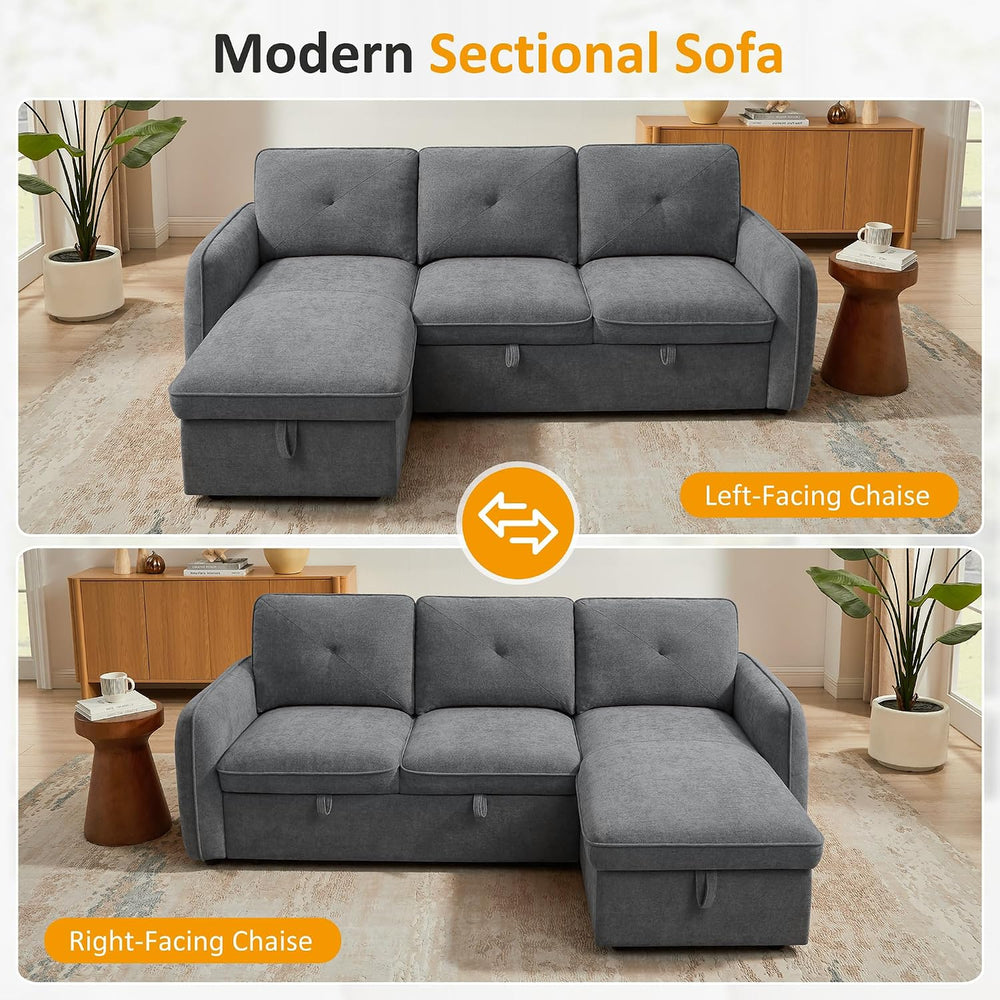 Sectional Sleeper Sofa, Pull-Out Bed, Storage Chaise, Chenille Gray