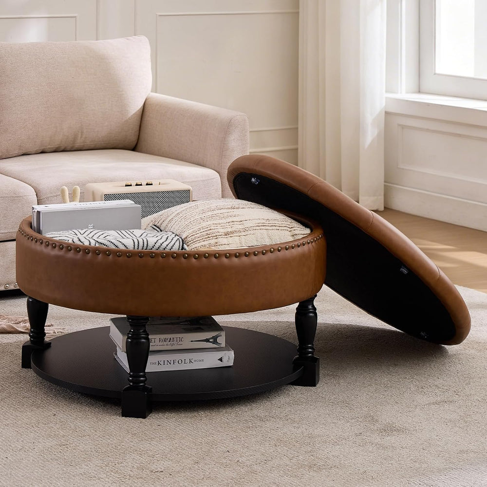 31.5 Inch Large Round Storage Ottoman with Wood Shelf Multifunctional Coffee ...